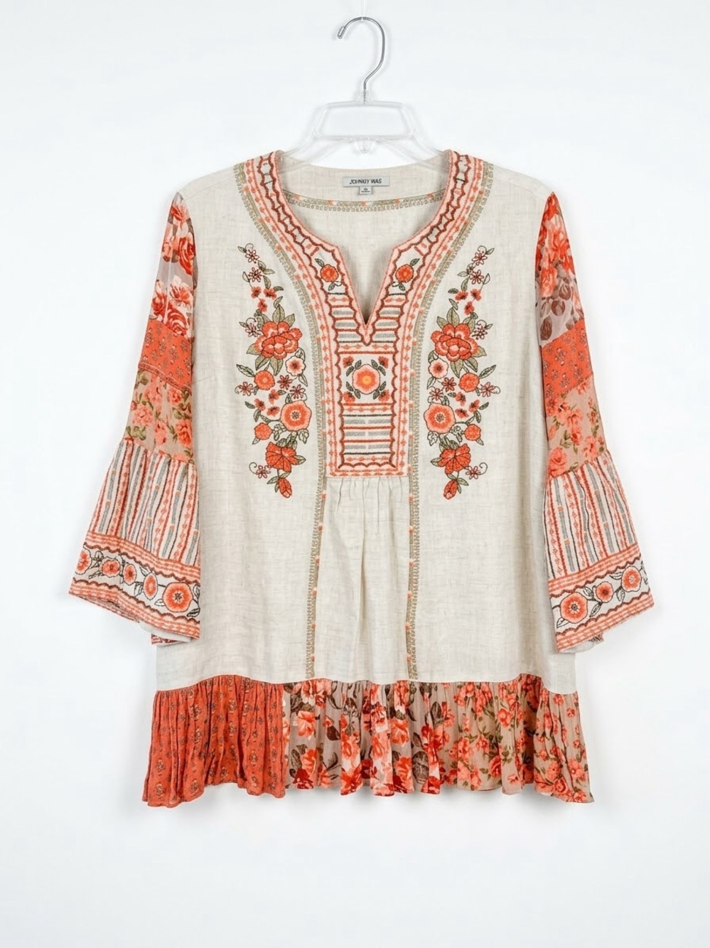 John Mark 100% Linen Cream & Orange Floral Embroidered Blouse